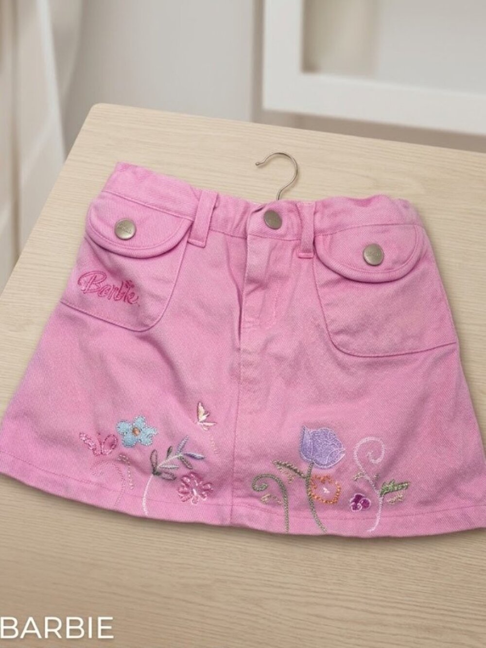 VTG Barbie Pink Embroidered Flower Denim Skort - Girls Size 5
